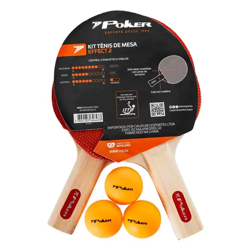 Kit Tênis de Mesa Poker 2 Raquetes + 3 Bolinhas Effect II Ping Pong